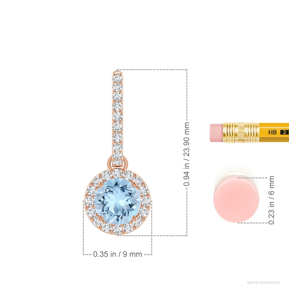 6mm AAA Round Aquamarine Dangle Earrings with Diamond Halo in Rose Gold ruler