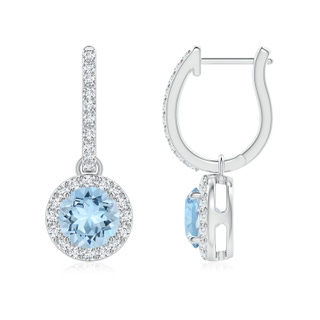 6mm AAA Round Aquamarine Dangle Earrings with Diamond Halo in White Gold