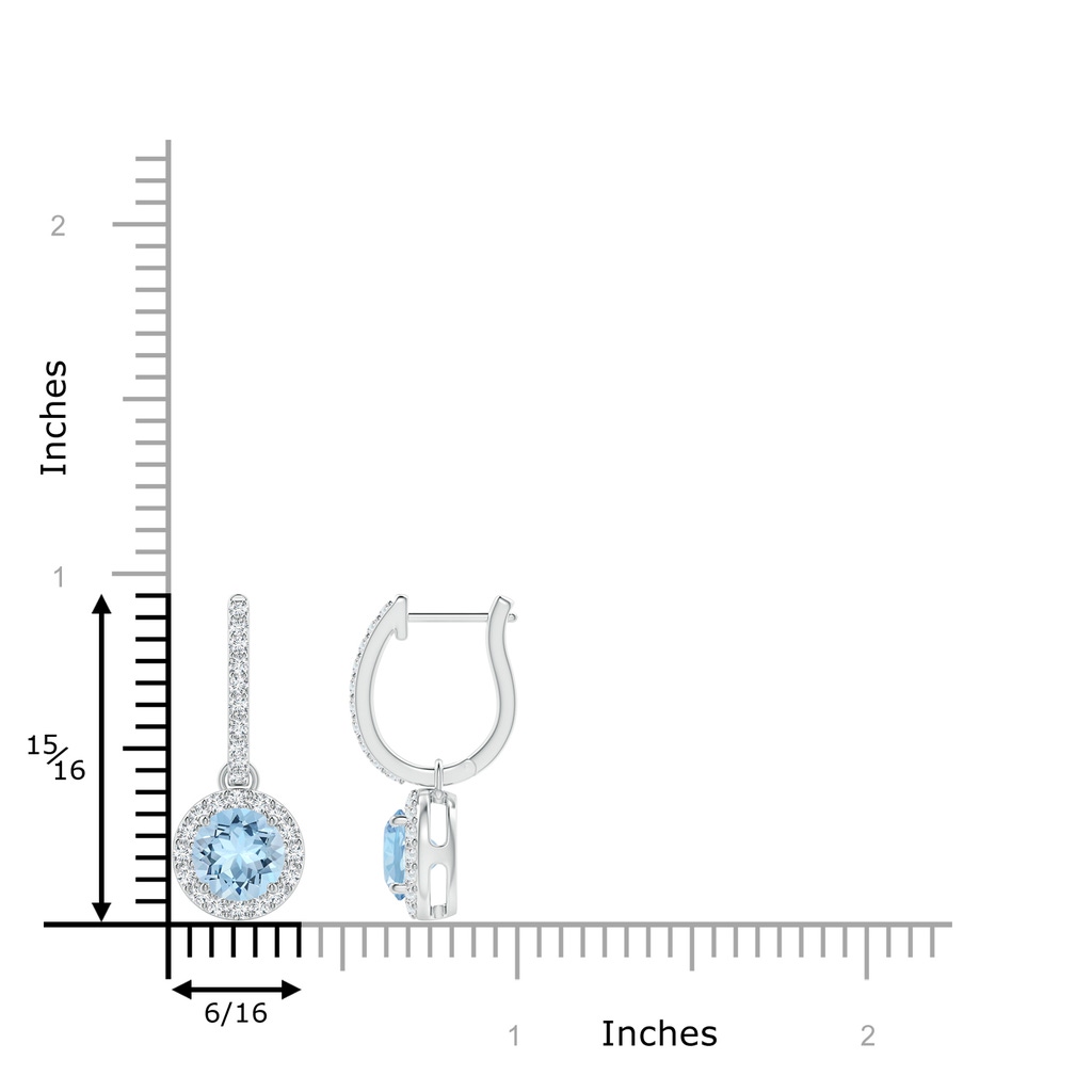 6mm AAA Round Aquamarine Dangle Earrings with Diamond Halo in White Gold Ruler