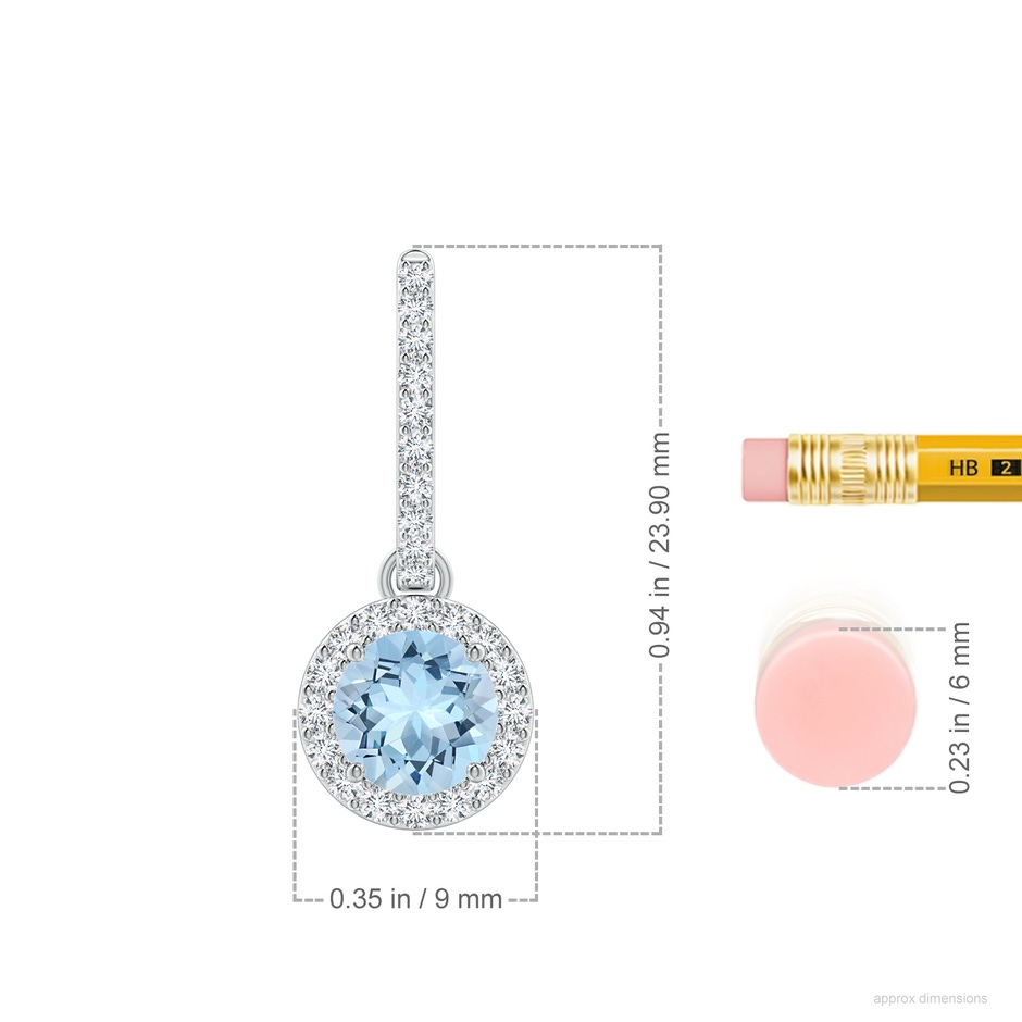 6mm AAA Round Aquamarine Dangle Earrings with Diamond Halo in White Gold ruler