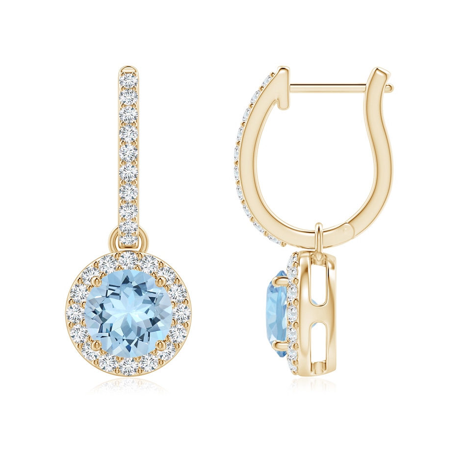 6mm AAA Round Aquamarine Dangle Earrings with Diamond Halo in Yellow Gold 