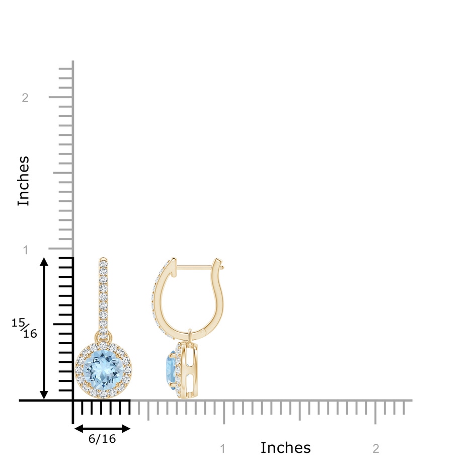 6mm AAA Round Aquamarine Dangle Earrings with Diamond Halo in Yellow Gold ruler