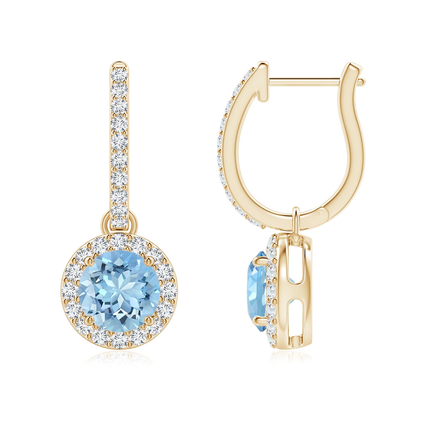 6mm AAAA Round Aquamarine Dangle Earrings with Diamond Halo in 18K Yellow Gold