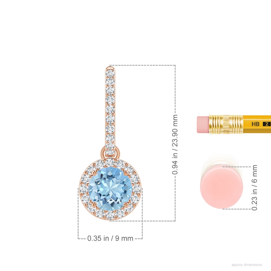 6mm AAAA Round Aquamarine Dangle Earrings with Diamond Halo in Rose Gold ruler