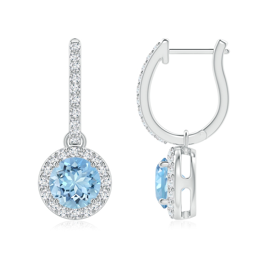 6mm AAAA Round Aquamarine Dangle Earrings with Diamond Halo in White Gold 