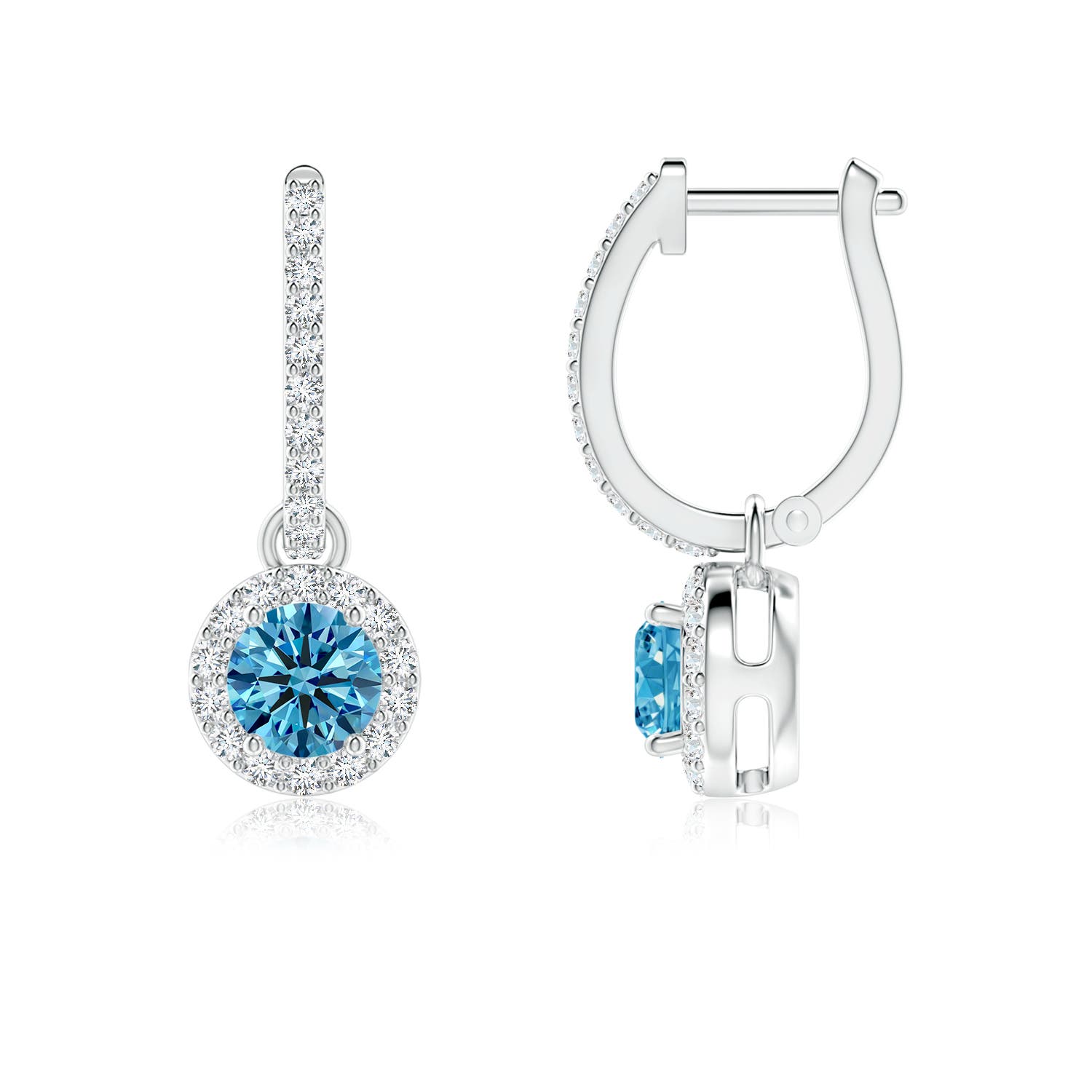 4.5mm AAAA Round Fancy Intense Blue Diamond Dangle Earrings with Halo in 18K White Gold