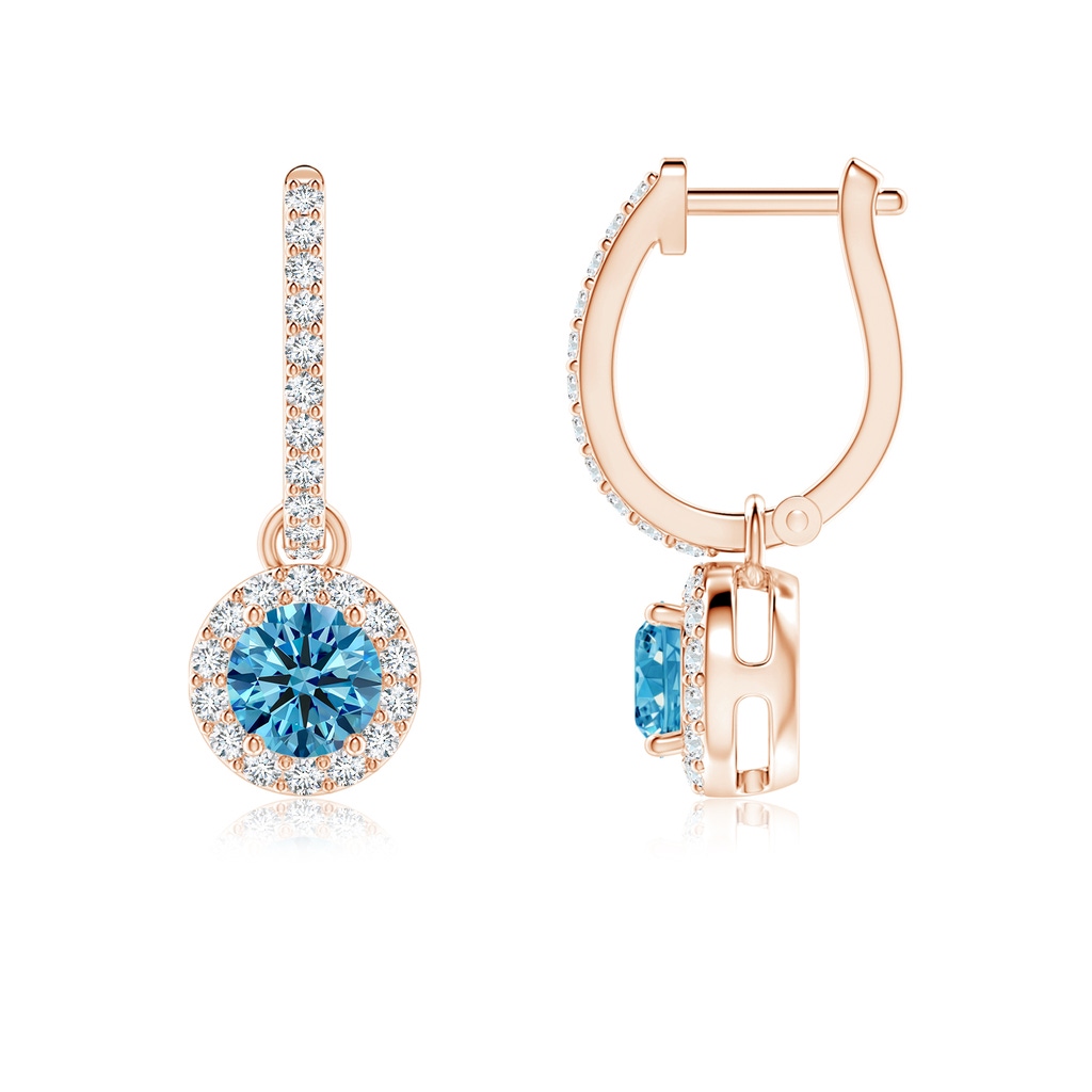 4.5mm AAAA Round Fancy Intense Blue Diamond Dangle Earrings with Halo in Rose Gold