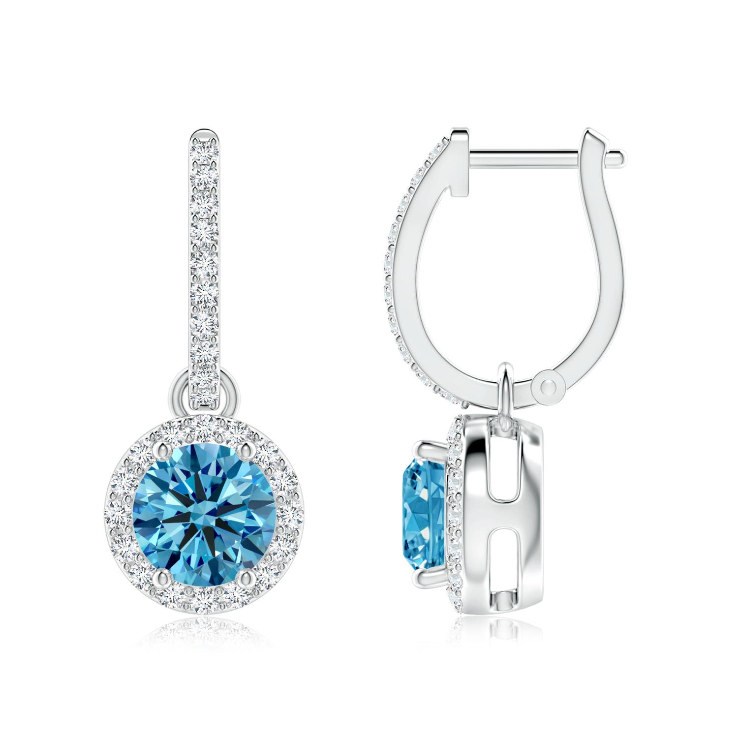 6.4mm AAAA Round Fancy Intense Blue Diamond Dangle Earrings with Halo in 18K White Gold