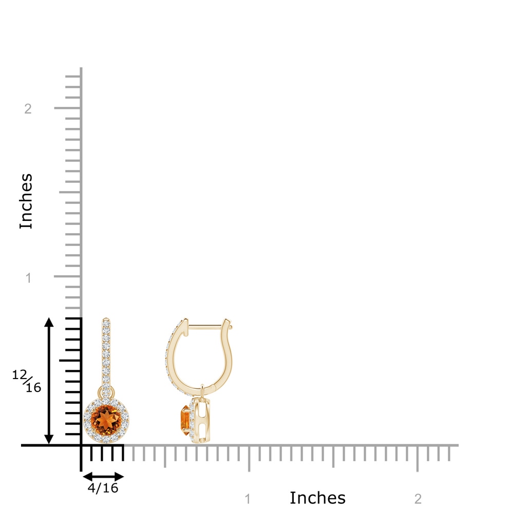 4mm AAAA Round Citrine Dangle Earrings with Diamond Halo in Yellow Gold Ruler