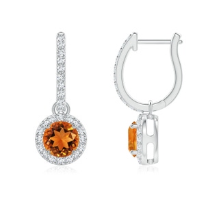 5mm AAAA Round Citrine Dangle Earrings with Diamond Halo in P950 Platinum