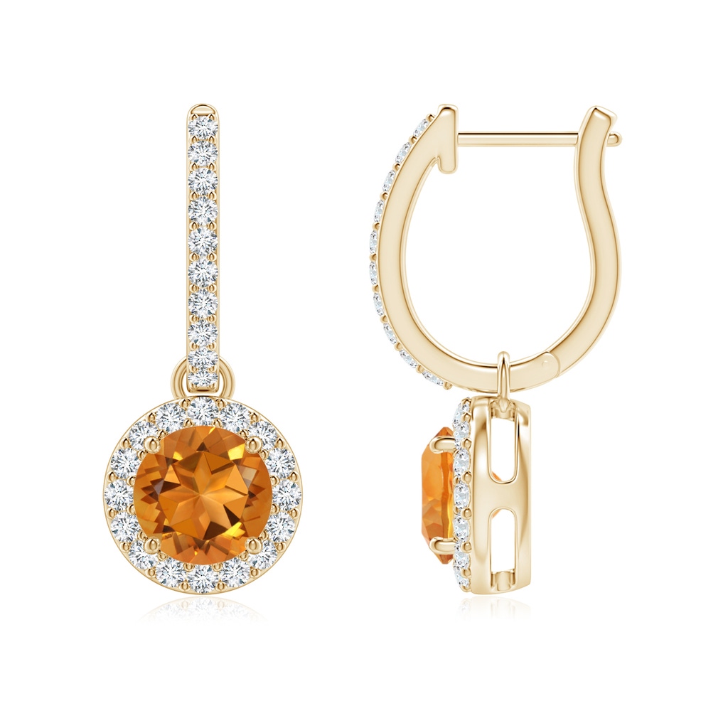 6mm AAA Round Citrine Dangle Earrings with Diamond Halo in Yellow Gold