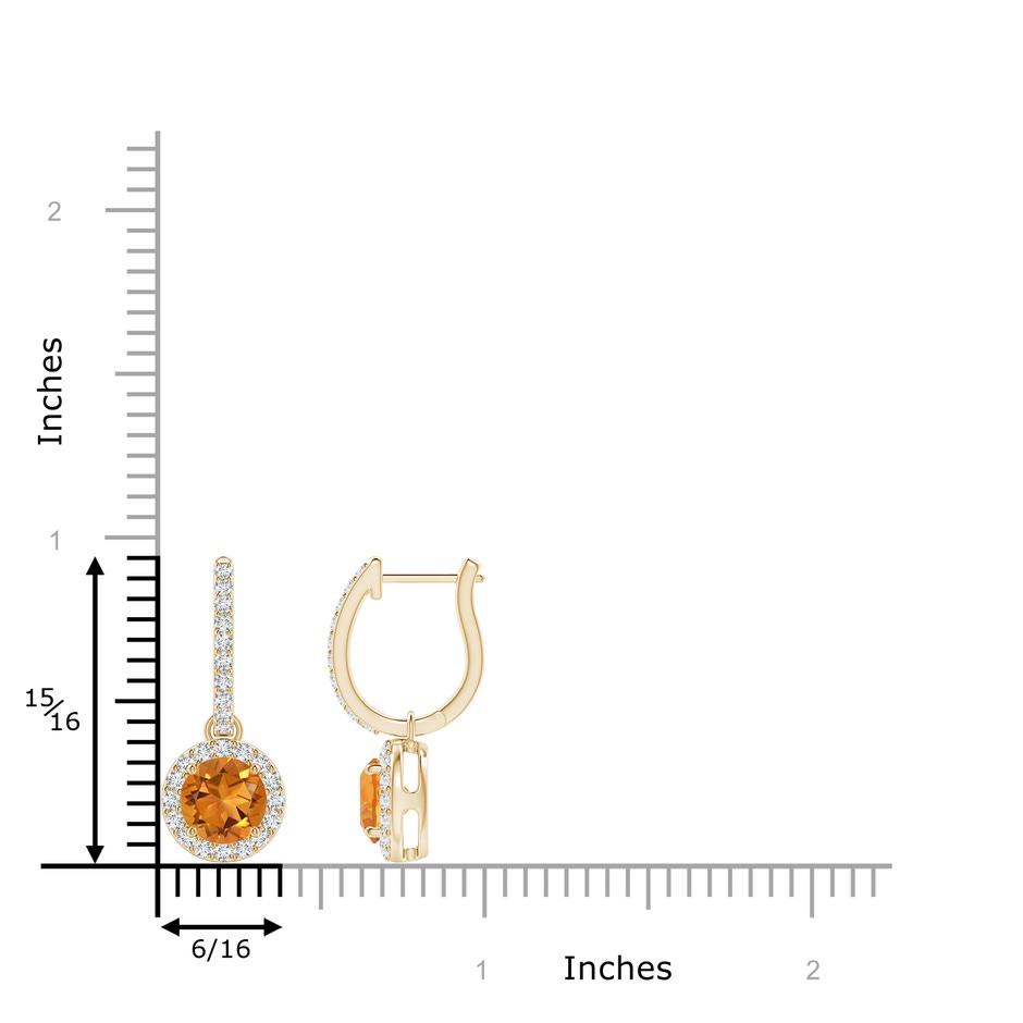 6mm AAA Round Citrine Dangle Earrings with Diamond Halo in Yellow Gold ruler