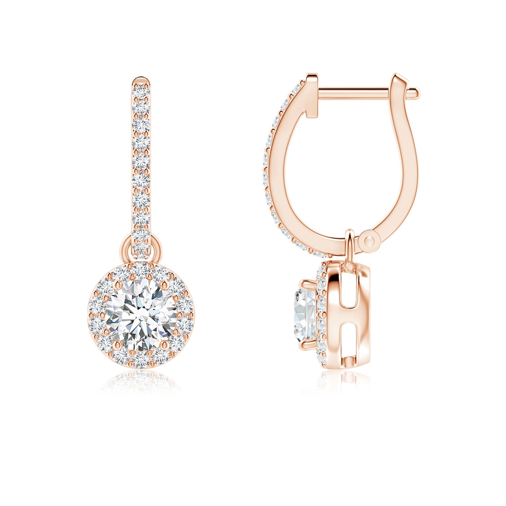 4.5mm GVS2 Round Diamond Dangle Earrings with Halo in Rose Gold
