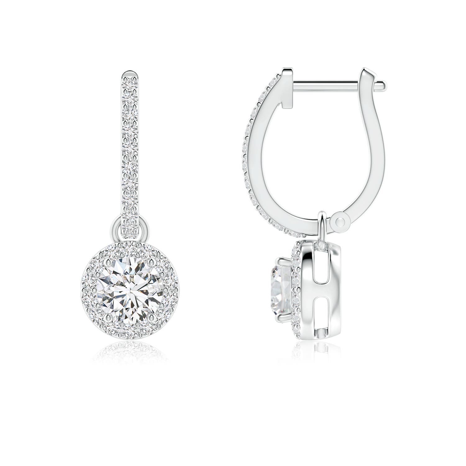 4.5mm HSI2 Round Diamond Dangle Earrings with Halo in 18K White Gold
