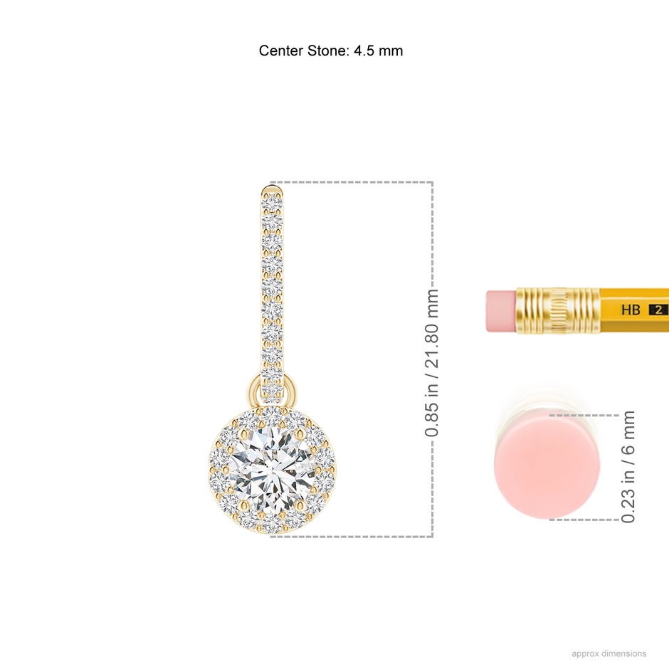 4.5mm HSI2 Round Diamond Dangle Earrings with Halo in Yellow Gold ruler