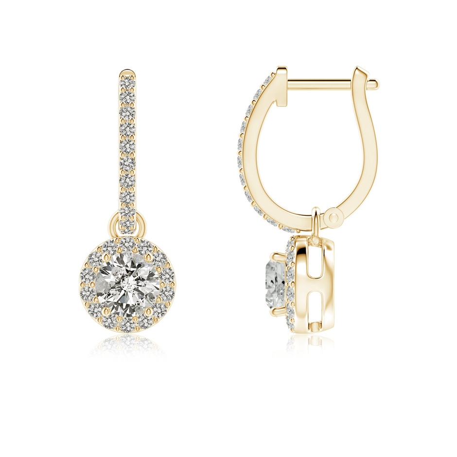 4.5mm KI3 Round Diamond Dangle Earrings with Halo in Yellow Gold 