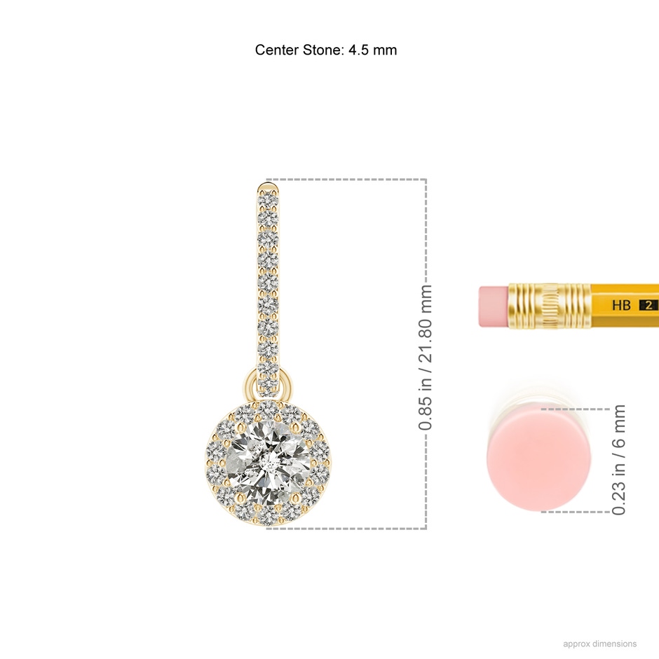 4.5mm KI3 Round Diamond Dangle Earrings with Halo in Yellow Gold ruler