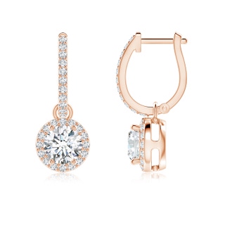 5.2mm GVS2 Round Diamond Dangle Earrings with Halo in 18K Rose Gold