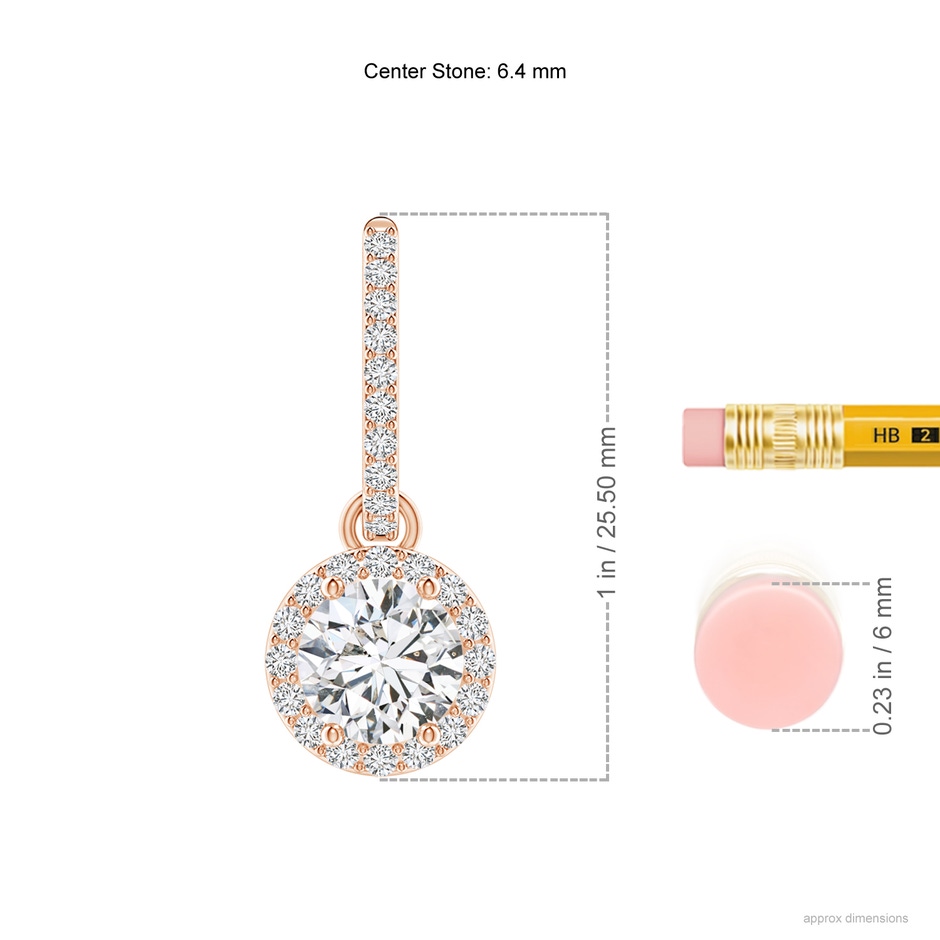 6.4mm HSI2 Round Diamond Dangle Earrings with Halo in Rose Gold ruler