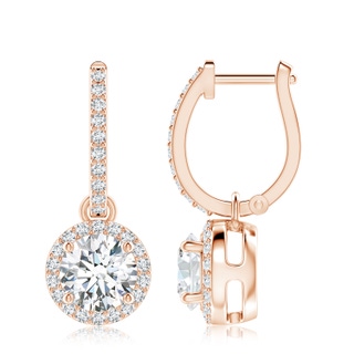 7.4mm GVS2 Round Diamond Dangle Earrings with Halo in Rose Gold