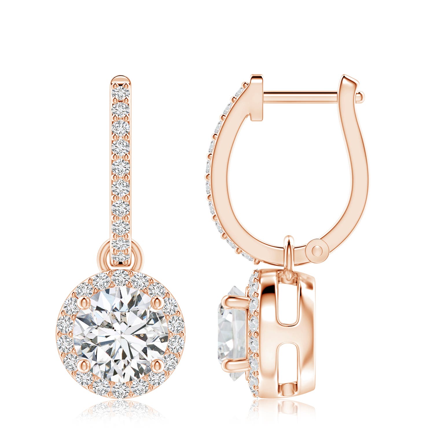 7.4mm HSI2 Round Diamond Dangle Earrings with Halo in Rose Gold