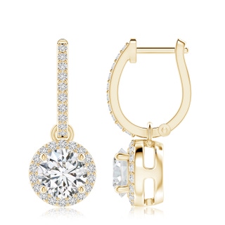 7.4mm HSI2 Round Diamond Dangle Earrings with Halo in Yellow Gold