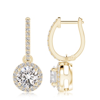 7.4mm IJI1I2 Round Diamond Dangle Earrings with Halo in 9K Yellow Gold