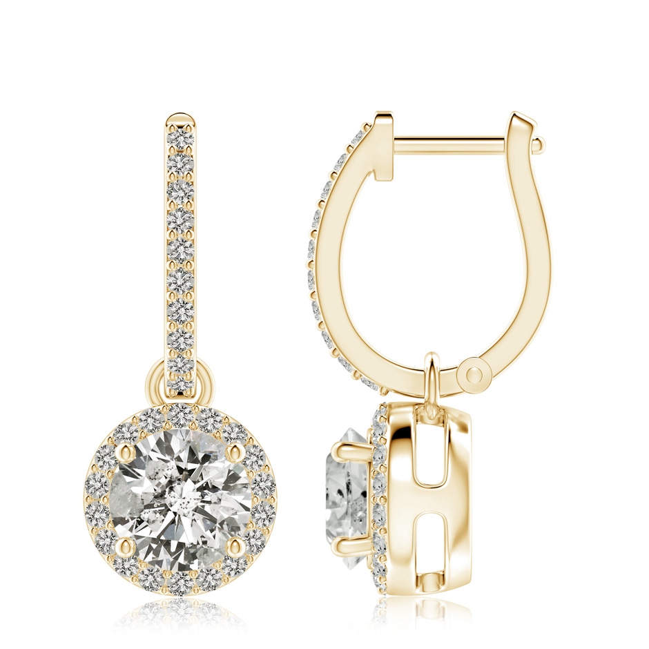 7.4mm KI3 Round Diamond Dangle Earrings with Halo in Yellow Gold 