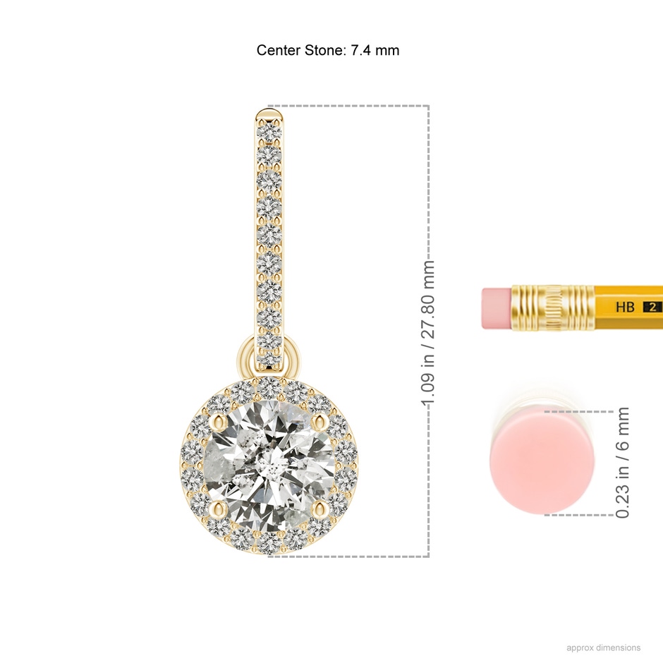 7.4mm KI3 Round Diamond Dangle Earrings with Halo in Yellow Gold ruler