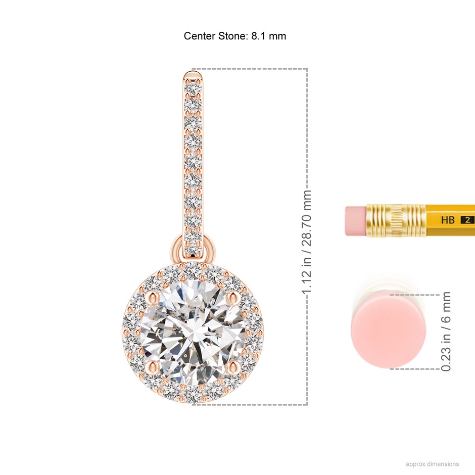 8.1mm IJI1I2 Round Diamond Dangle Earrings with Halo in Rose Gold ruler
