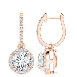 8.9mm GVS2 Round Diamond Dangle Earrings with Halo in 18K Rose Gold