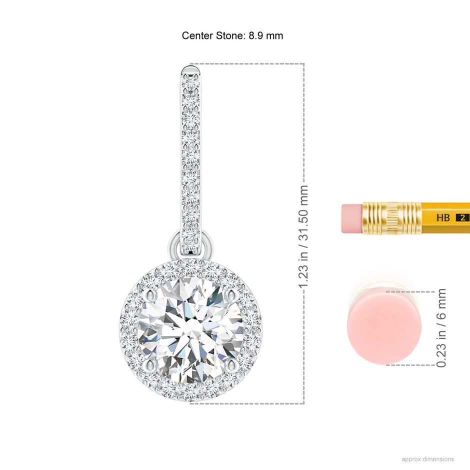 8.9mm GVS2 Round Diamond Dangle Earrings with Halo in S999 Silver ruler