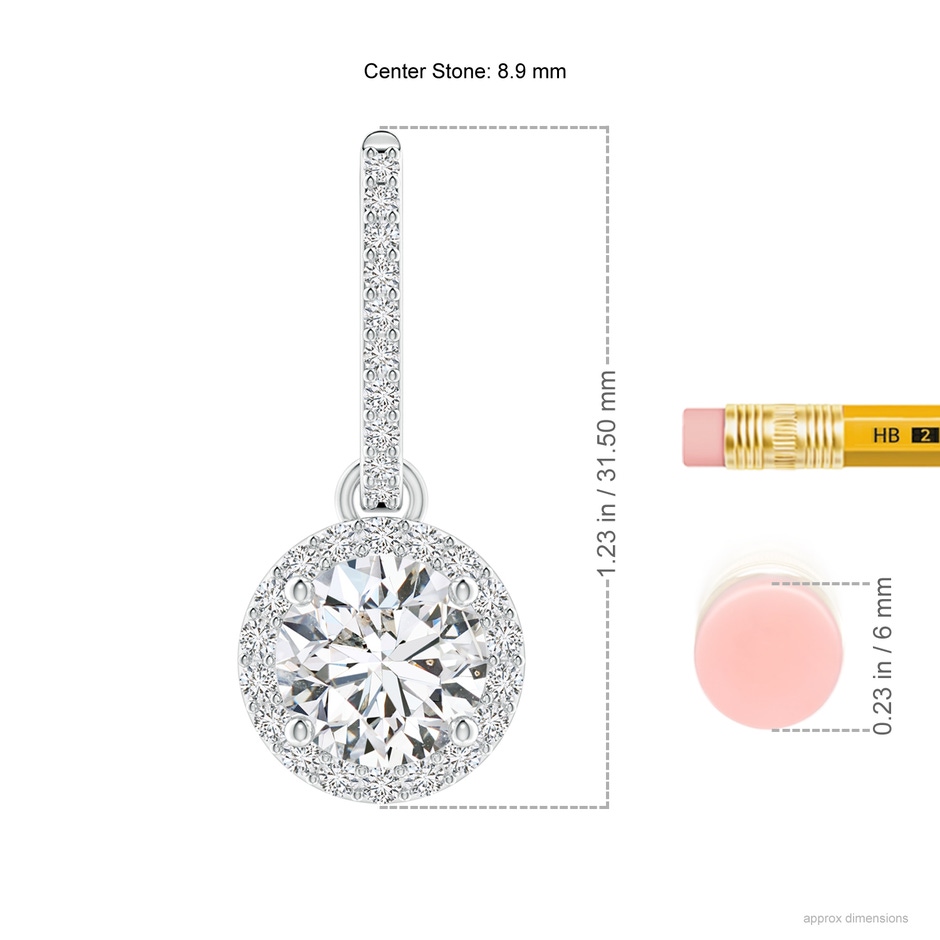 8.9mm HSI2 Round Diamond Dangle Earrings with Halo in S999 Silver ruler