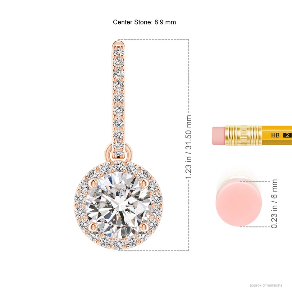 8.9mm IJI1I2 Round Diamond Dangle Earrings with Halo in Rose Gold ruler