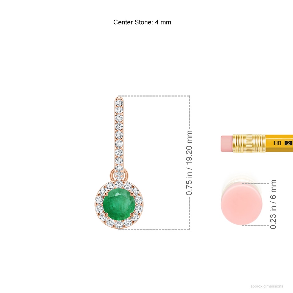 4mm A Round Emerald Dangle Earrings with Diamond Halo in Rose Gold ruler