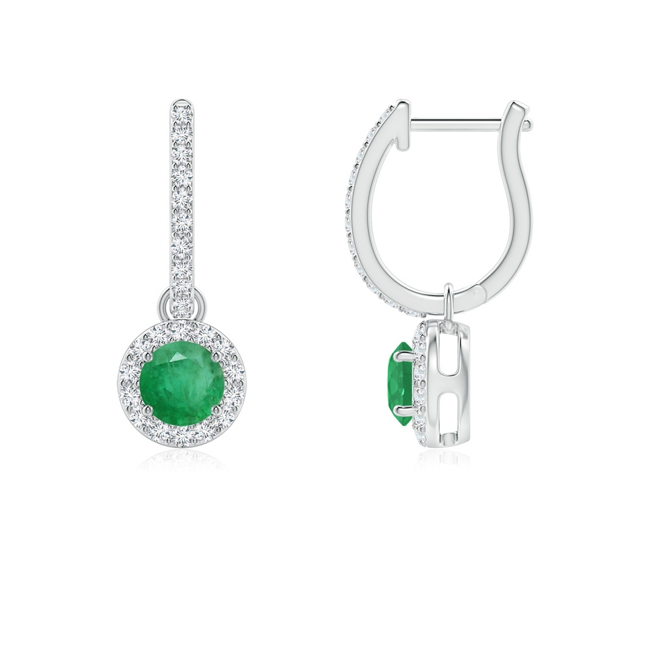 4mm A Round Emerald Dangle Earrings with Diamond Halo in White Gold 