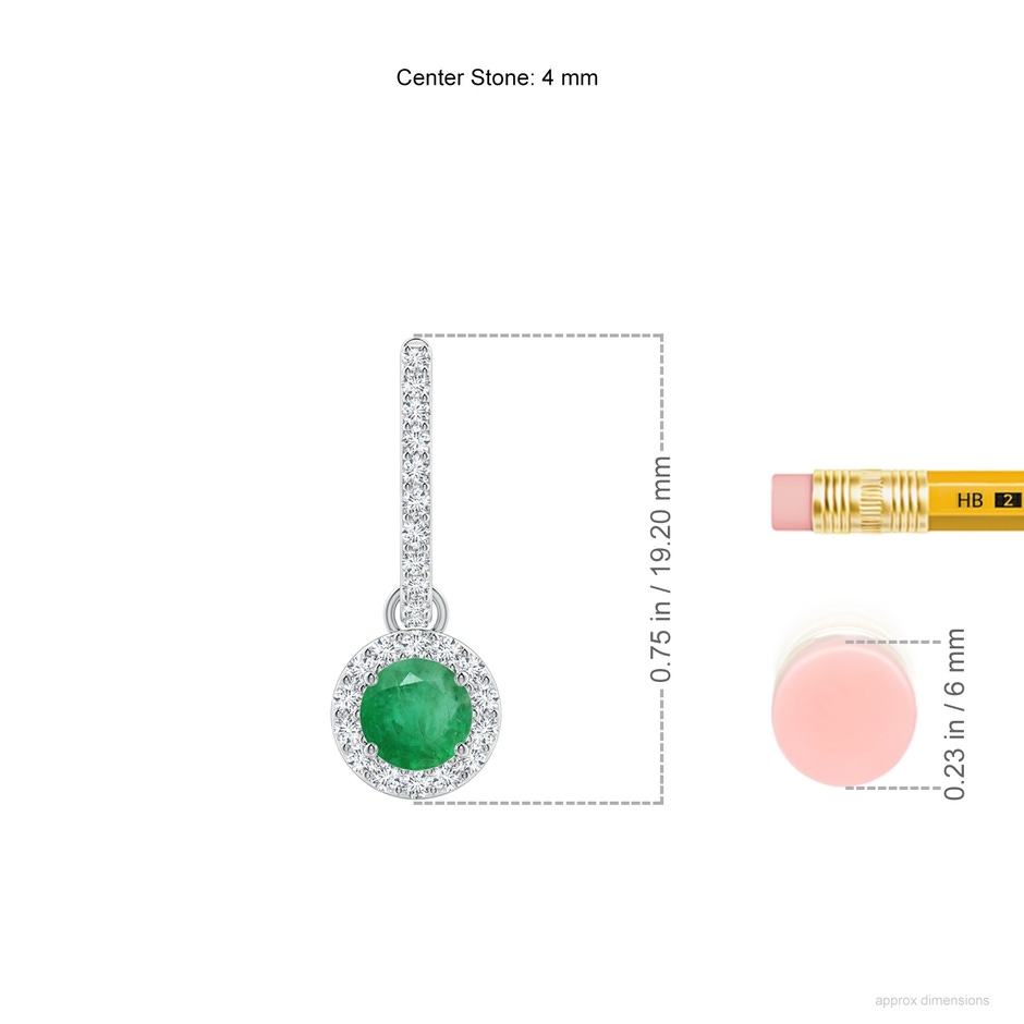 4mm A Round Emerald Dangle Earrings with Diamond Halo in White Gold ruler