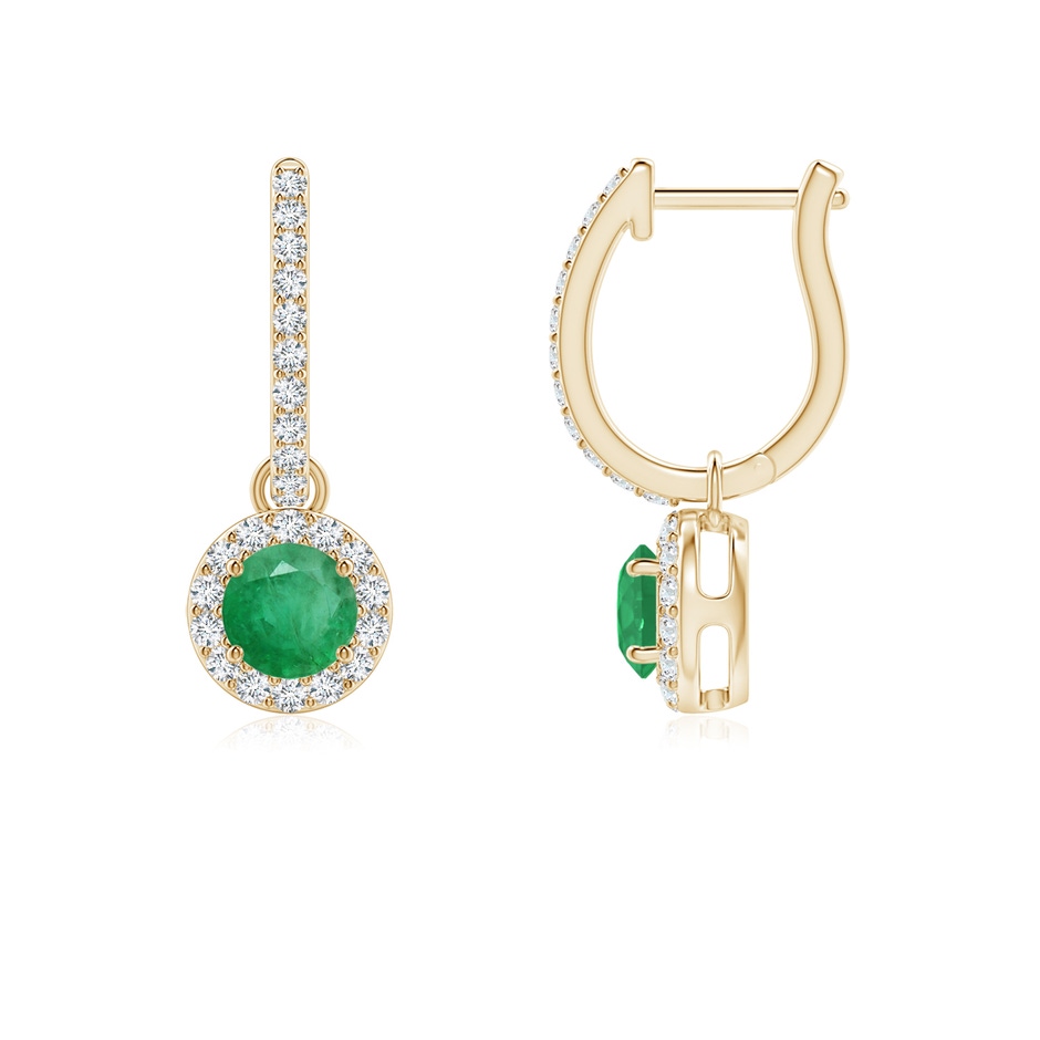 4mm A Round Emerald Dangle Earrings with Diamond Halo in Yellow Gold 