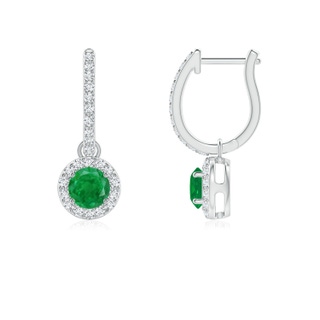 4mm AA Round Emerald Dangle Earrings with Diamond Halo in 10K White Gold
