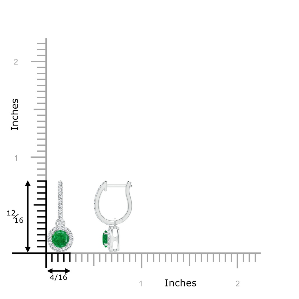 4mm AA Round Emerald Dangle Earrings with Diamond Halo in 10K White Gold ruler