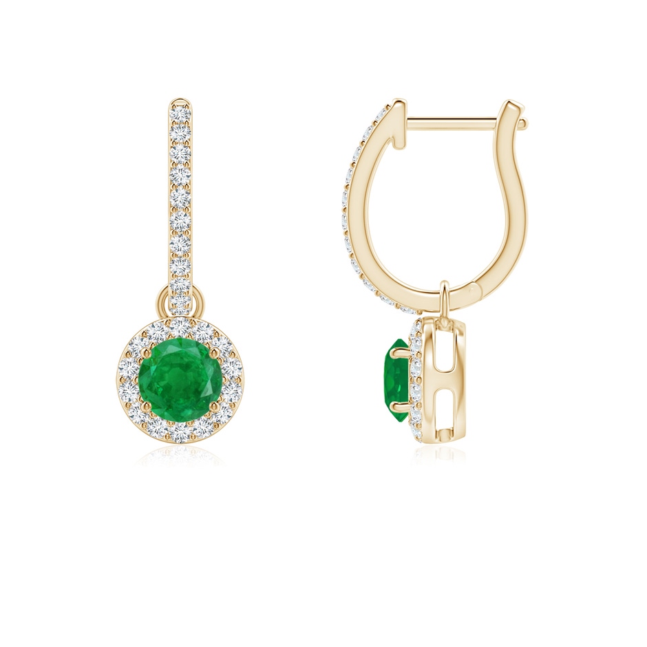 4mm AA Round Emerald Dangle Earrings with Diamond Halo in Yellow Gold 