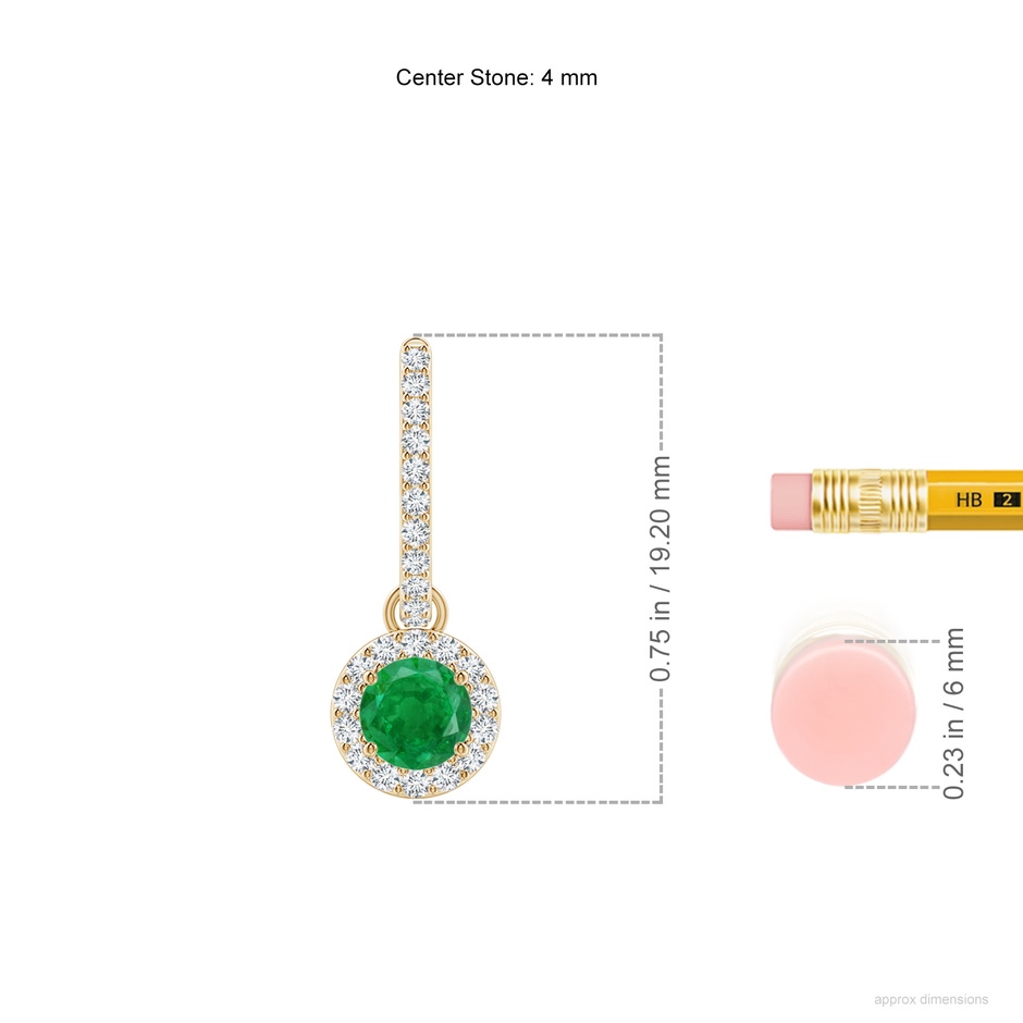 4mm AA Round Emerald Dangle Earrings with Diamond Halo in Yellow Gold ruler