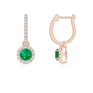 4mm AAA Round Emerald Dangle Earrings with Diamond Halo in 10K Rose Gold
