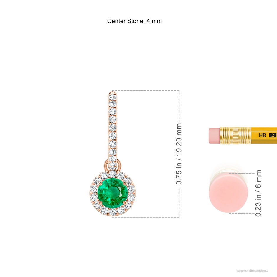 4mm AAA Round Emerald Dangle Earrings with Diamond Halo in Rose Gold ruler