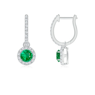 4mm AAA Round Emerald Dangle Earrings with Diamond Halo in White Gold