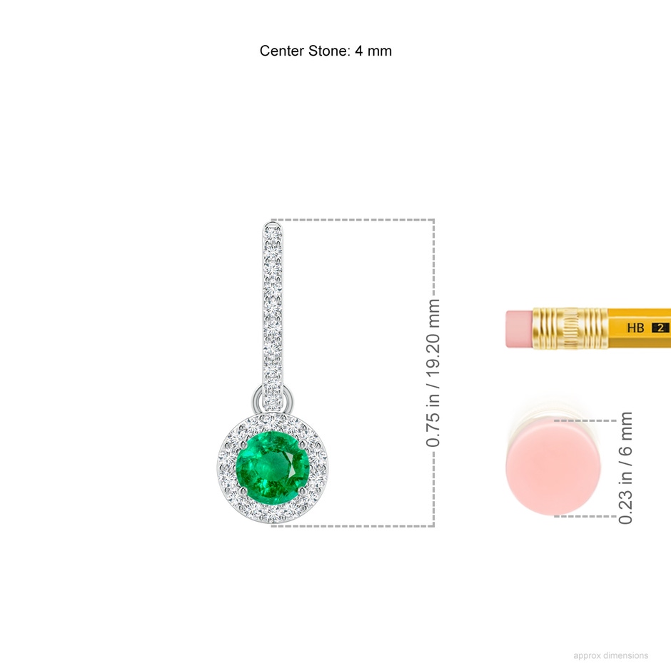 4mm AAA Round Emerald Dangle Earrings with Diamond Halo in White Gold ruler