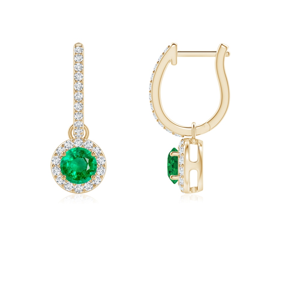 4mm AAA Round Emerald Dangle Earrings with Diamond Halo in Yellow Gold 