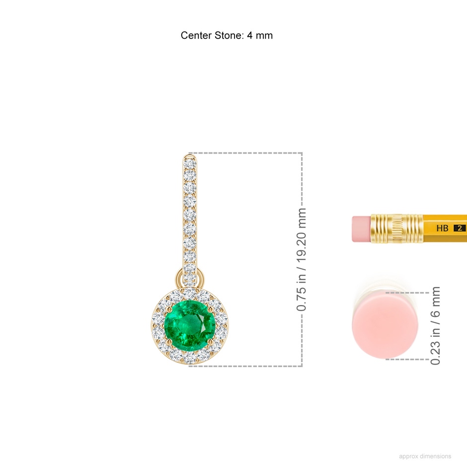 4mm AAA Round Emerald Dangle Earrings with Diamond Halo in Yellow Gold ruler