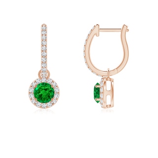 4mm AAAA Round Emerald Dangle Earrings with Diamond Halo in 10K Rose Gold