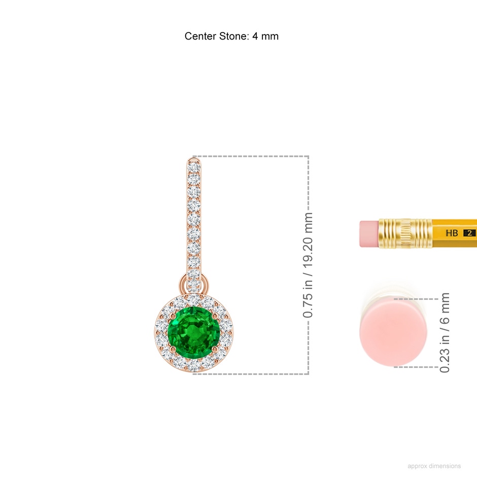 4mm AAAA Round Emerald Dangle Earrings with Diamond Halo in Rose Gold ruler